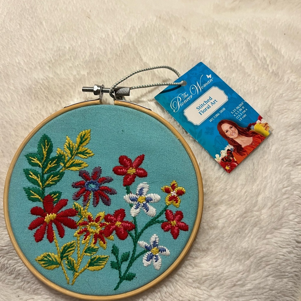 The Pioneer Woman Stitched Floral Art with Red and Yellow Accents
